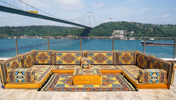 Yellow U Shaped Futon Sofa Bed, Corner Floor Couch, Sectional Sofas, Yoga Sofa Sets, Handmade Living Room Furniture