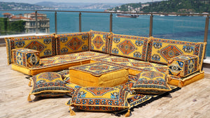Yellow L Shaped Pallet Cushions, Arabic Floor Sofa Set, Oriental Floor Seating, Sectional Floor Cushion, Indoor Floor Pillows