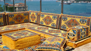 Yellow L Shaped Pallet Cushions, Arabic Floor Sofa Set, Oriental Floor Seating, Sectional Floor Cushion, Indoor Floor Pillows