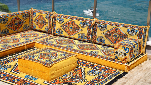 Yellow L Shaped Pallet Cushions, Arabic Floor Sofa Set, Oriental Floor Seating, Sectional Floor Cushion, Indoor Floor Pillows