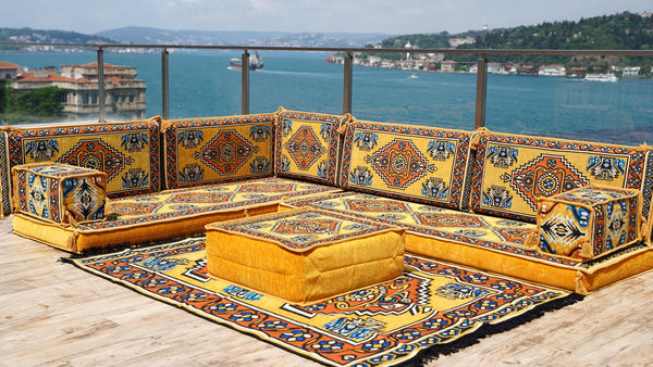 Yellow L Shaped Pallet Cushions, Arabic Floor Sofa Set, Oriental Floor Seating, Sectional Floor Cushion, Indoor Floor Pillows