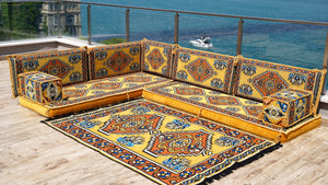 Yellow L Shaped Pallet Cushions, Arabic Floor Sofa Set, Oriental Floor Seating, Sectional Floor Cushion, Indoor Floor Pillows