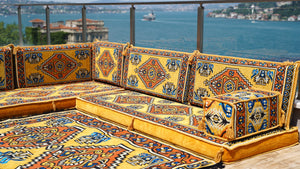 Yellow L Shaped Pallet Cushions, Arabic Floor Sofa Set, Oriental Floor Seating, Sectional Floor Cushion, Indoor Floor Pillows