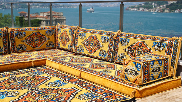Yellow L Shaped Pallet Cushions, Arabic Floor Sofa Set, Oriental Floor Seating, Sectional Floor Cushion, Indoor Floor Pillows