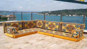 Yellow L Shaped Pallet Cushions, Arabic Floor Sofa Set, Oriental Floor Seating, Sectional Floor Cushion, Indoor Floor Pillows
