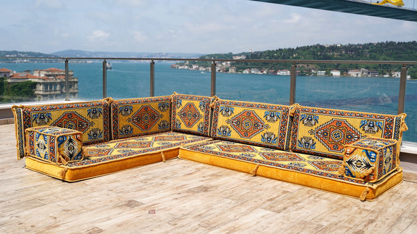 Yellow L Shaped Pallet Cushions, Arabic Floor Sofa Set, Oriental Floor Seating, Sectional Floor Cushion, Indoor Floor Pillows
