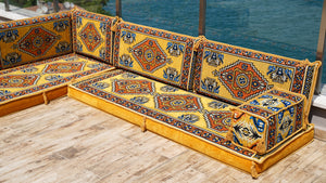 Yellow L Shaped Pallet Cushions, Arabic Floor Sofa Set, Oriental Floor Seating, Sectional Floor Cushion, Indoor Floor Pillows