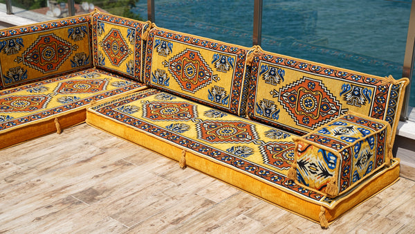 Yellow L Shaped Pallet Cushions, Arabic Floor Sofa Set, Oriental Floor Seating, Sectional Floor Cushion, Indoor Floor Pillows