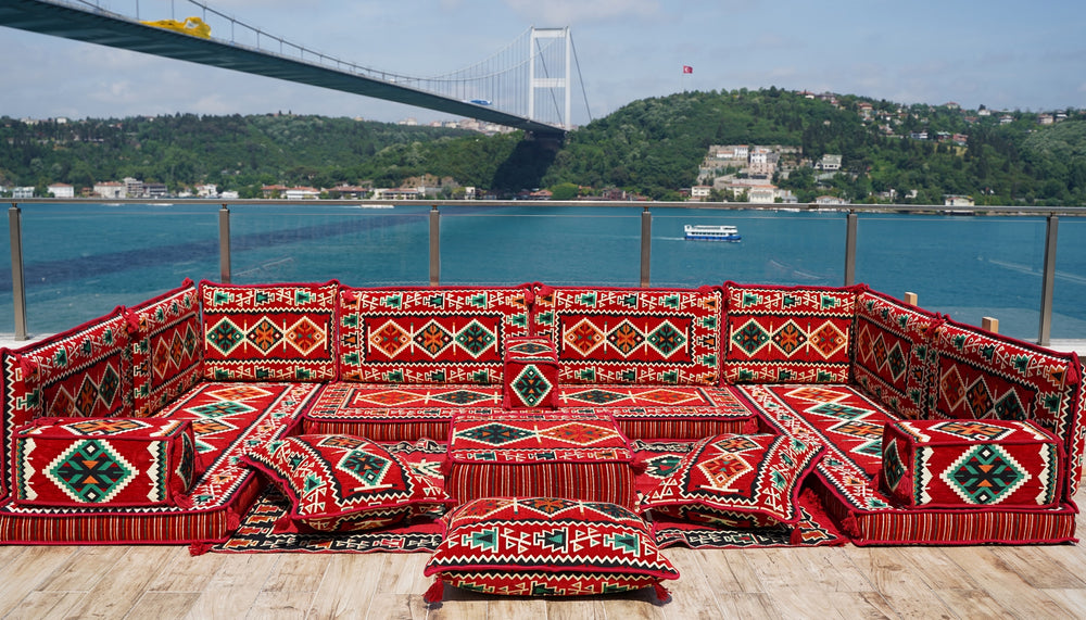 Red Arabic Floor Sofa Cover, Sectional Sofa, U Shaped Pallet Cushion, Ethnic Pillow Set, Indoor Sofa Set, Garden Sofa Set, Reading Pillow Set