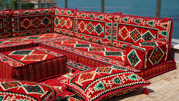Red Arabic Majlis, Arabic Jalsa, Arabic Floor Sofa Seating Set, Traditional Arabic Sofa,Oriental Floor Seating