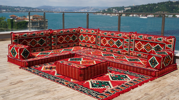 Red Arabic Majlis, Arabic Jalsa, Arabic Floor Sofa Seating Set, Traditional Arabic Sofa,Oriental Floor Seating
