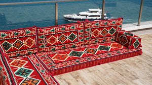 Red Arabic Majlis, Arabic Jalsa, Arabic Floor Sofa Seating Set, Traditional Arabic Sofa,Oriental Floor Seating
