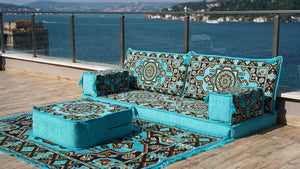 أريكة أرضية عربية، طقم أريكة أرضية تقليدية، أرائك مقسمة، طقم أريكة أرضية عربية، أريكة يوجا مع أريكة عثمانية وسجادة