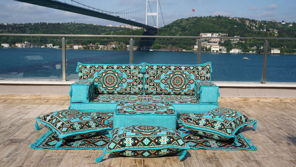 Arabisches Bodenset, Traditionelles Bodensofa-Set, Ecksofas, Arabisches Bodenset, Yoga-Sofa mit Ottoman-Couch und Teppich