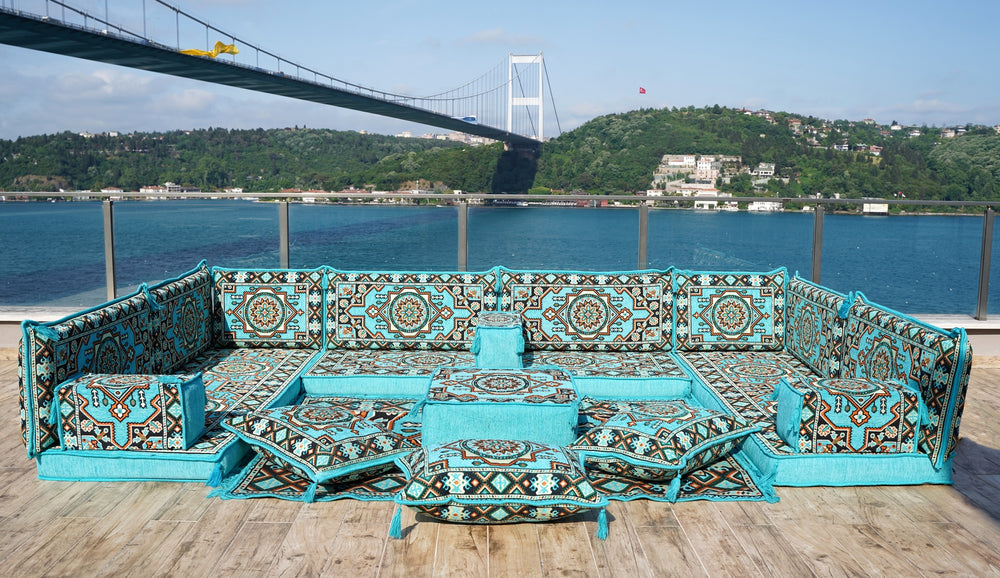 U Shaped Sectional Sofa, Terrace Blue Arabic Sofa, Floor Cushions, Arabic Majlis, Poufs, Turkish Floor Seating Set