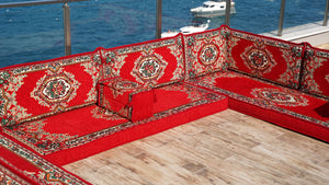 Rotes Bodensofa, U-förmiges arabisches Sofa-Set, Modul-Palettensofa, Indoor-Bodenkissen, marokkanische Wohnzimmer-Heimdekoration