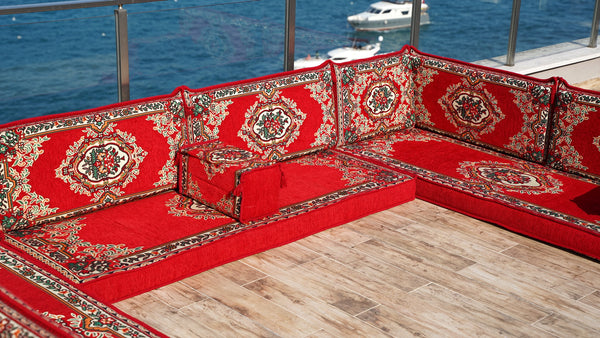 Rotes Bodensofa, U-förmiges arabisches Sofa-Set, Modul-Palettensofa, Indoor-Bodenkissen, marokkanische Wohnzimmer-Heimdekoration