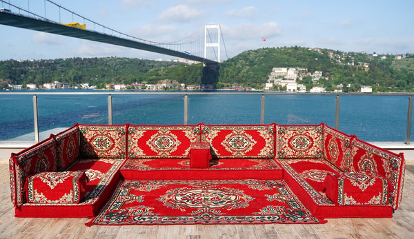 Rotes Bodensofa, U-förmiges arabisches Sofa-Set, Modul-Palettensofa, Indoor-Bodenkissen, marokkanische Wohnzimmer-Heimdekoration