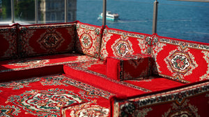 Rotes Bodensofa, U-förmiges arabisches Sofa-Set, Modul-Palettensofa, Indoor-Bodenkissen, marokkanische Wohnzimmer-Heimdekoration