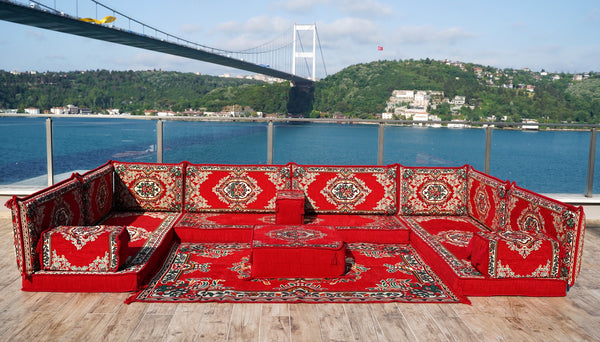 Rotes Bodensofa, U-förmiges arabisches Sofa-Set, Modul-Palettensofa, Indoor-Bodenkissen, marokkanische Wohnzimmer-Heimdekoration