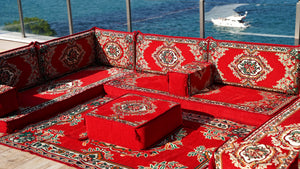 Rotes Bodensofa, U-förmiges arabisches Sofa-Set, Modul-Palettensofa, Indoor-Bodenkissen, marokkanische Wohnzimmer-Heimdekoration