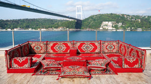 Rotes Bodensofa, U-förmiges arabisches Sofa-Set, Modul-Palettensofa, Indoor-Bodenkissen, marokkanische Wohnzimmer-Heimdekoration