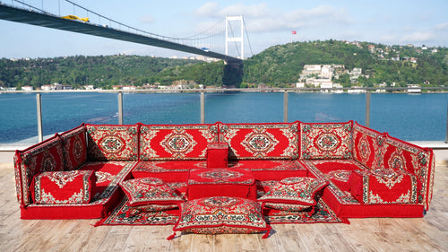 Rotes Bodensofa, U-förmiges arabisches Sofa-Set, Modul-Palettensofa, Indoor-Bodenkissen, marokkanische Wohnzimmer-Heimdekoration