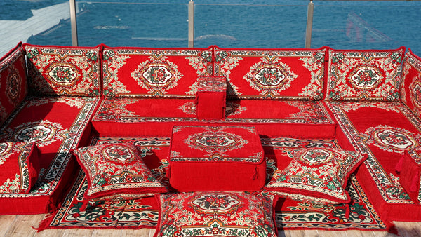 Rotes Bodensofa, U-förmiges arabisches Sofa-Set, Modul-Palettensofa, Indoor-Bodenkissen, marokkanische Wohnzimmer-Heimdekoration