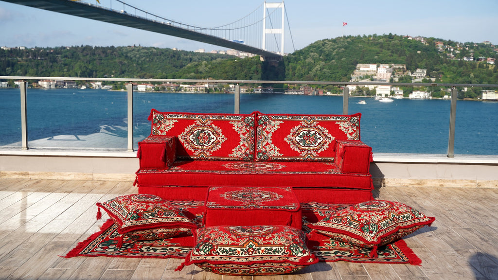 8'' Thickness Sofa Set, Red Arabic Floor Couch, Oriental Cushion, Moroccan Floor Seating Set