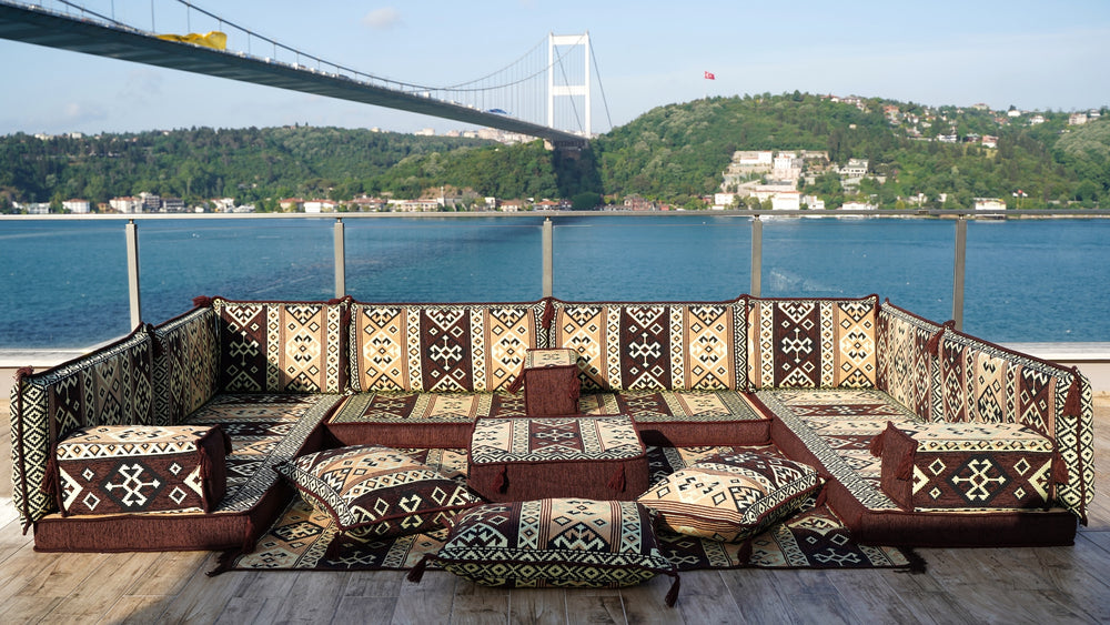 Brown U Shaped Arabic Floor Seating, Oriental Floor Cushions, Corner Floor Couch, Moroccan Livingroom Cushions