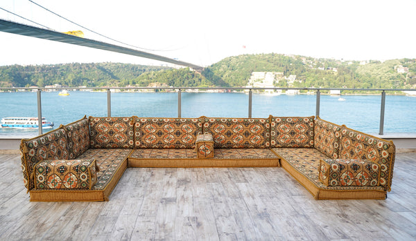 Gold U Shaped Arabic Sofa Set, Oriental Floor Couches, Floor Sofas, Red Color Floor Cushions, Arabic Majlis