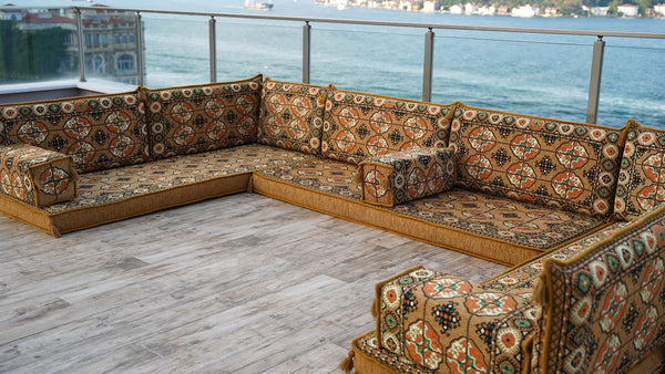 Gold U Shaped Arabic Sofa Set, Oriental Floor Couches, Floor Sofas, Red Color Floor Cushions, Arabic Majlis