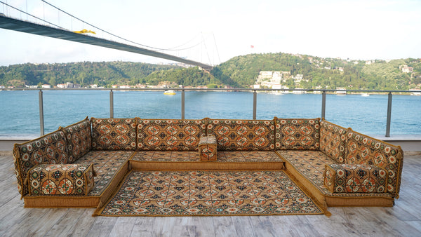 Gold U Shaped Arabic Sofa Set, Oriental Floor Couches, Floor Sofas, Red Color Floor Cushions, Arabic Majlis