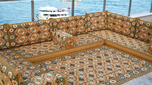 Gold U Shaped Arabic Sofa Set, Oriental Floor Couches, Floor Sofas, Red Color Floor Cushions, Arabic Majlis