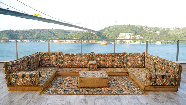 Gold U Shaped Arabic Sofa Set, Oriental Floor Couches, Floor Sofas, Red Color Floor Cushions, Arabic Majlis