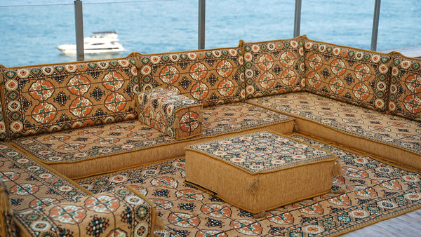 Gold U Shaped Arabic Sofa Set, Oriental Floor Couches, Floor Sofas, Red Color Floor Cushions, Arabic Majlis