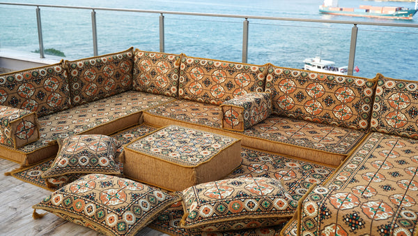 Gold U Shaped Arabic Sofa Set, Oriental Floor Couches, Floor Sofas, Red Color Floor Cushions, Arabic Majlis