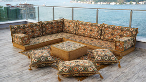 Gold L Shaped Arabic Floor Sofa Set, Moroccan Livingroom Home Decor, Balcony Floor Couch, Corner Arabic Majlis Seating