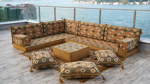 Gold L Shaped Arabic Floor Sofa Set, Moroccan Livingroom Home Decor, Balcony Floor Couch, Corner Arabic Majlis Seating