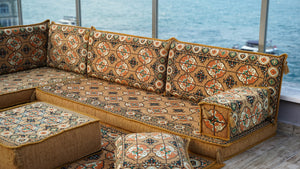 Gold L Shaped Arabic Floor Sofa Set, Moroccan Livingroom Home Decor, Balcony Floor Couch, Corner Arabic Majlis Seating