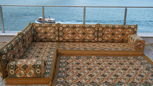 Gold L Shaped Arabic Floor Sofa Set, Moroccan Livingroom Home Decor, Balcony Floor Couch, Corner Arabic Majlis Seating