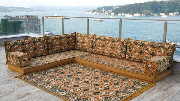 Gold L Shaped Arabic Floor Sofa Set, Moroccan Livingroom Home Decor, Balcony Floor Couch, Corner Arabic Majlis Seating