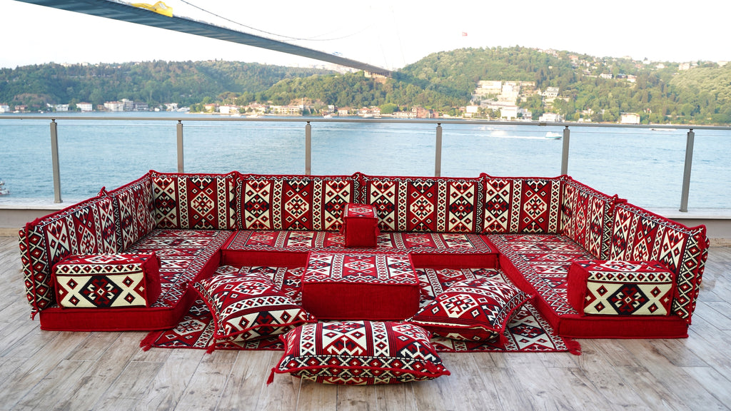 U Shaped Maroon Arabic Sofa Set, Arabic Majlis Set, Floor Cushions, Traditional Design Arabic Lounge Set