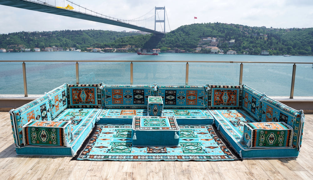 Light Blue Floor Seating Set, Corner Floor Sofa Set, Arabic Majlis, U Shaped Arabic Sofa Set, Sectional Sofas, Floor Cushions, Arabic Jalsa