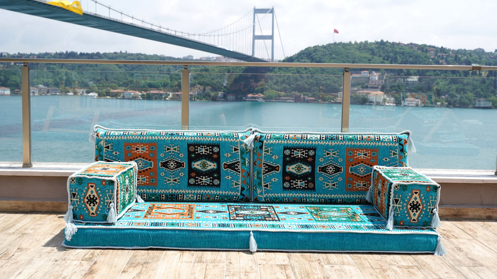 4'' Thickness Turquoise Sofa Seating Set, Arabic Sofa Set, Oriental Floor Seating, Single Sofa Sets, Living Room Sofa