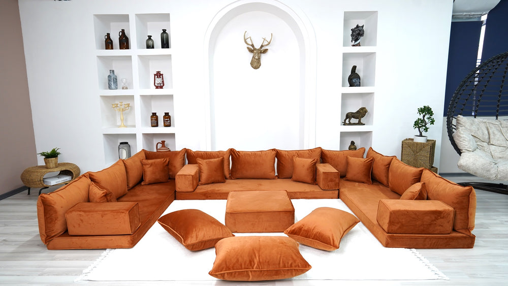 Velvet Fabric Sofa, Amber Color U Shaped Floor Seating Sofas, Moroccan Livingroom Furniture, Sectional Sofas, Arabic Seating, Velvet Couch - Arabic Sofa