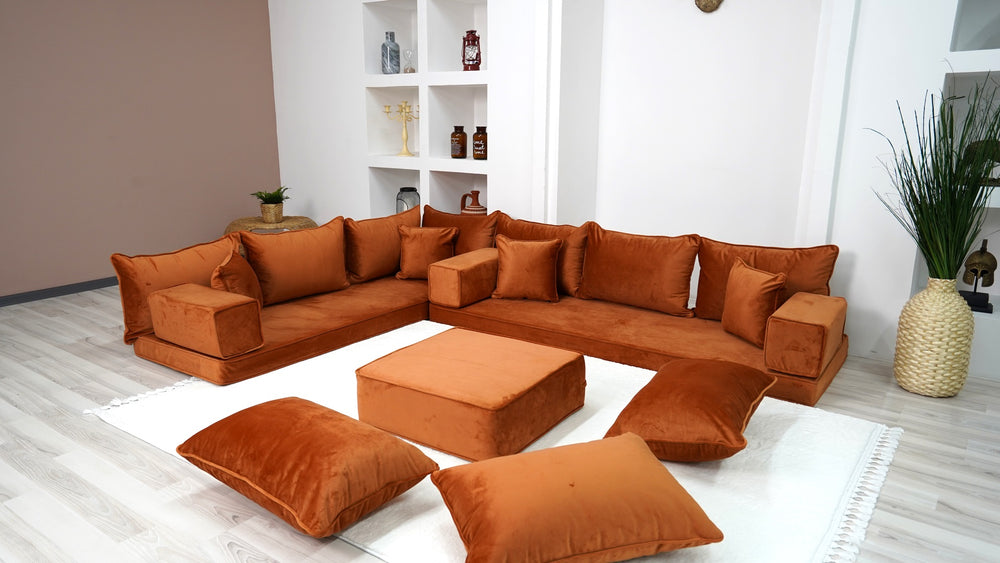 Amber Color L Shaped Floor Seating, Moroccan Livingroom Home Decor, Arabic Sofa Set, Sofa Bed, Velvet Floor Couch, Ektorp Sofa Cover - Arabic Sofa