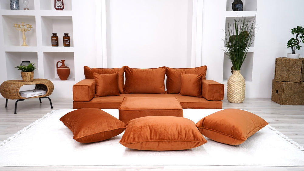 Velvet Fabric Amber Color Floor Seating, Sectional Sofa with Ottoman Couch and Rug, Velvet Floor Sofa, Meditation Sofa - Arabic Sofa