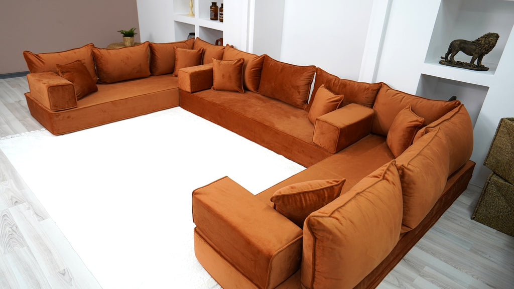 Large Wide Velvet Amber Color Floor Sofa Living Room Oriental Boho