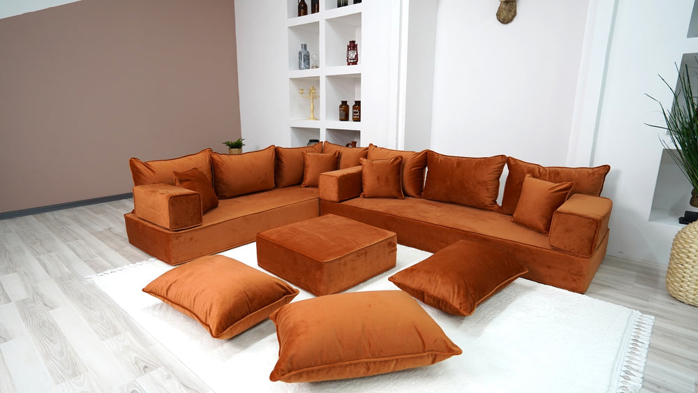 Amber Color L Shaped Floor Sofas, Corner Sectional Sofa, Pallet Sofa, Arabic Seating Couch, Luxury Velvet Floor Seating - Arabic Sofa